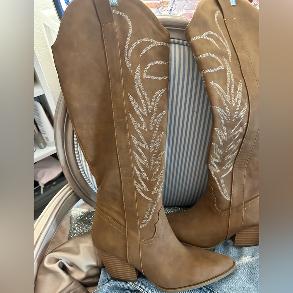 Brown Western Embroidered Knee-High Boots